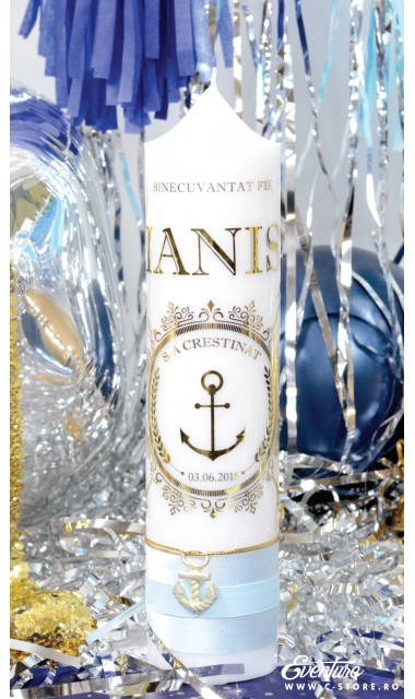 Lumanare de botez personalizata, print folio gold, 30x8cm, Nautic 3